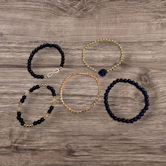 🩷3 for $15: Set of 5 4mm Infinity Stretchy Bracelets, Navy & Gold Tone, New - Picture 2 of 9
